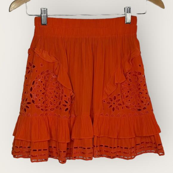 Ramy Brook Brit Eyelet Mini Skirt | XS Extra Small Orange Ruffled Tiered Flirty - Picture 6 of 7